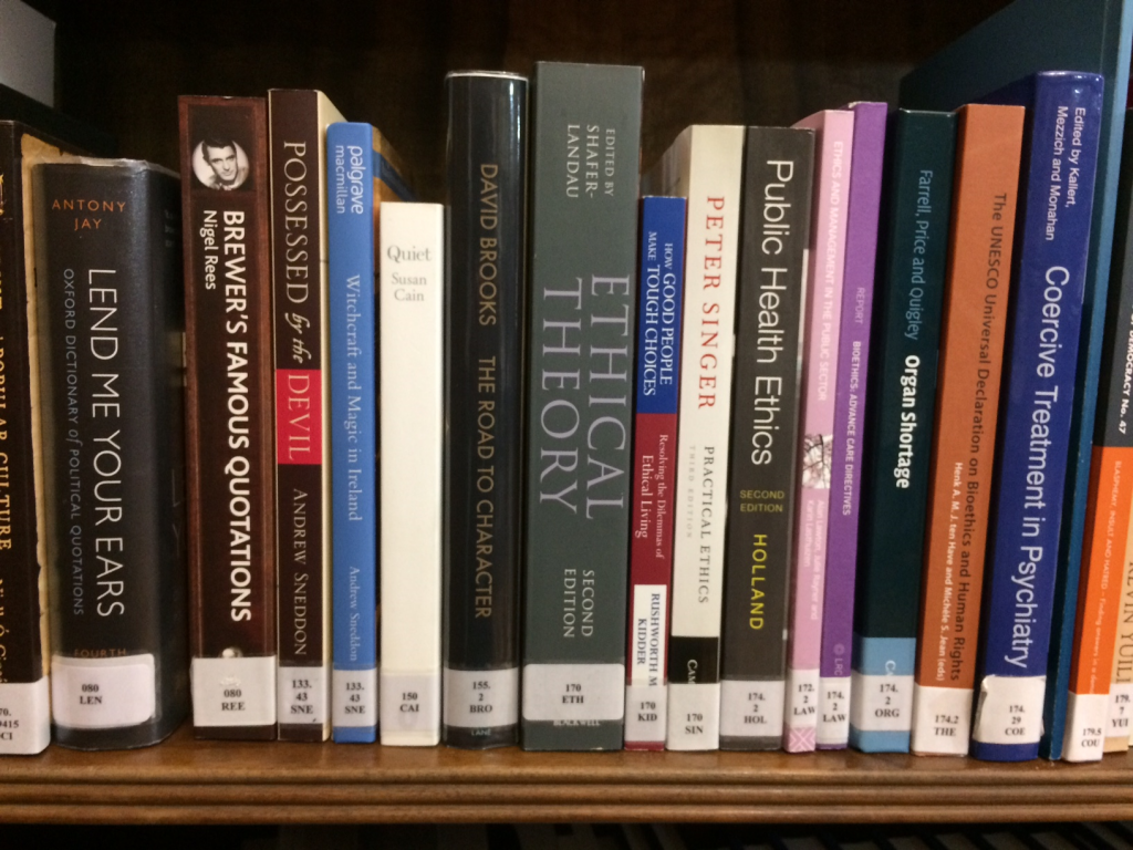 A photograph showing a selection of titles from the 100 classification in the Assembly Library; in the Dewey Decimal system, 100 is used to classify philosophy and psychology