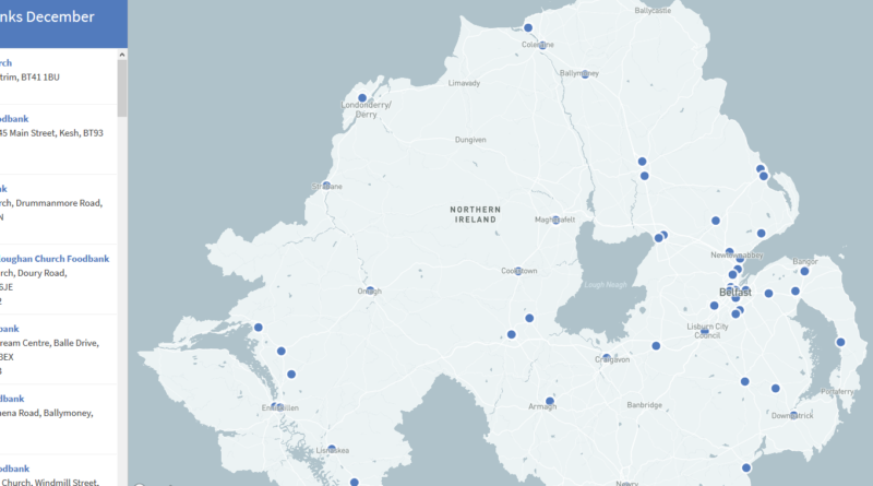 A screenshot showing the distribution of foodbanks in NI