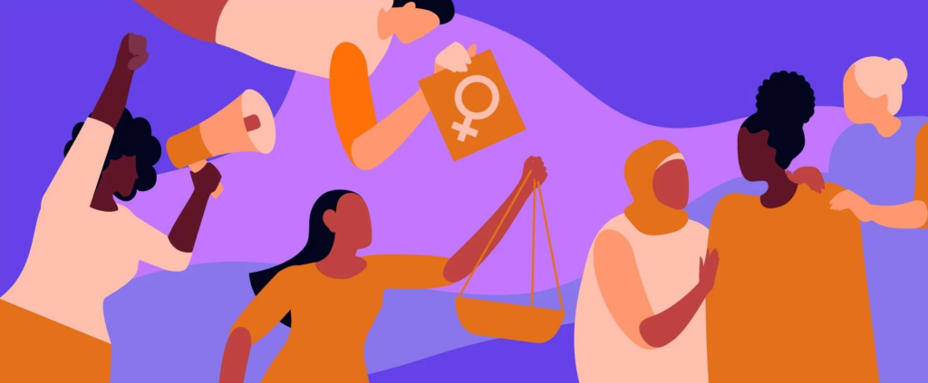 A drawing showing various themes, including women's rights, justice and empowerment