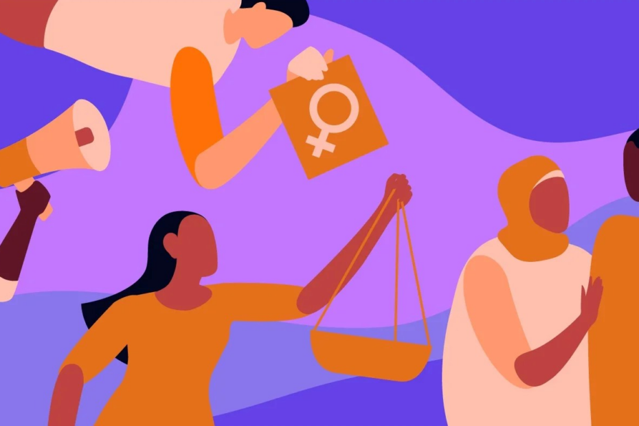 A drawing showing various themes, including women's rights, justice and empowerment