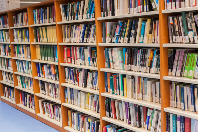 Photograph showing a book shelf in the University of Macedonia