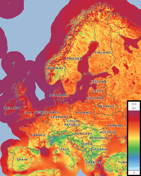 A map showing the long-term average wind speeds in Europe. This shows that the weat and north of Britain, and Ireland, are some of the windiest regions in Europe.