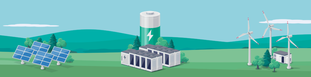 A cartoon image showing a landscape with some solar panels, a windfarm and a battery storage facility (image by RaISe, generated from Adobe Stock Images)