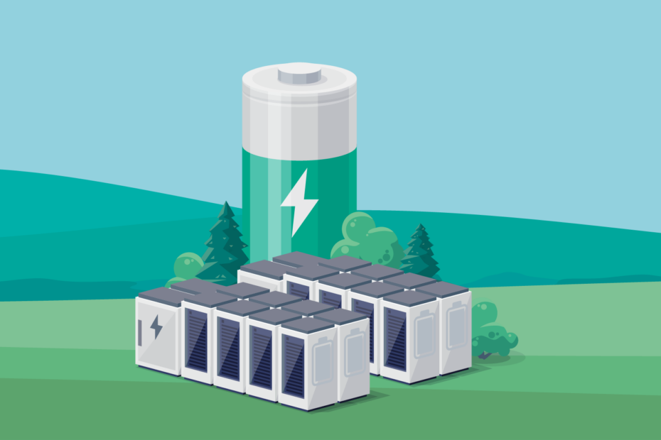 A cartoon image showing a landscape with some solar panels, a windfarm and a battery storage facility (image by RaISe, generated from Adobe Stock Images)