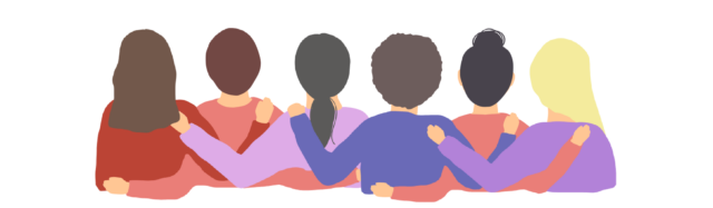 A stylised image showing a group of women embracing in a line.