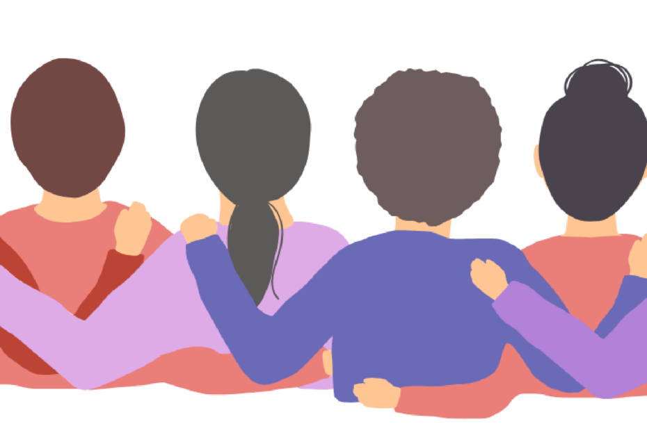 A stylised image showing a group of women embracing in a line.